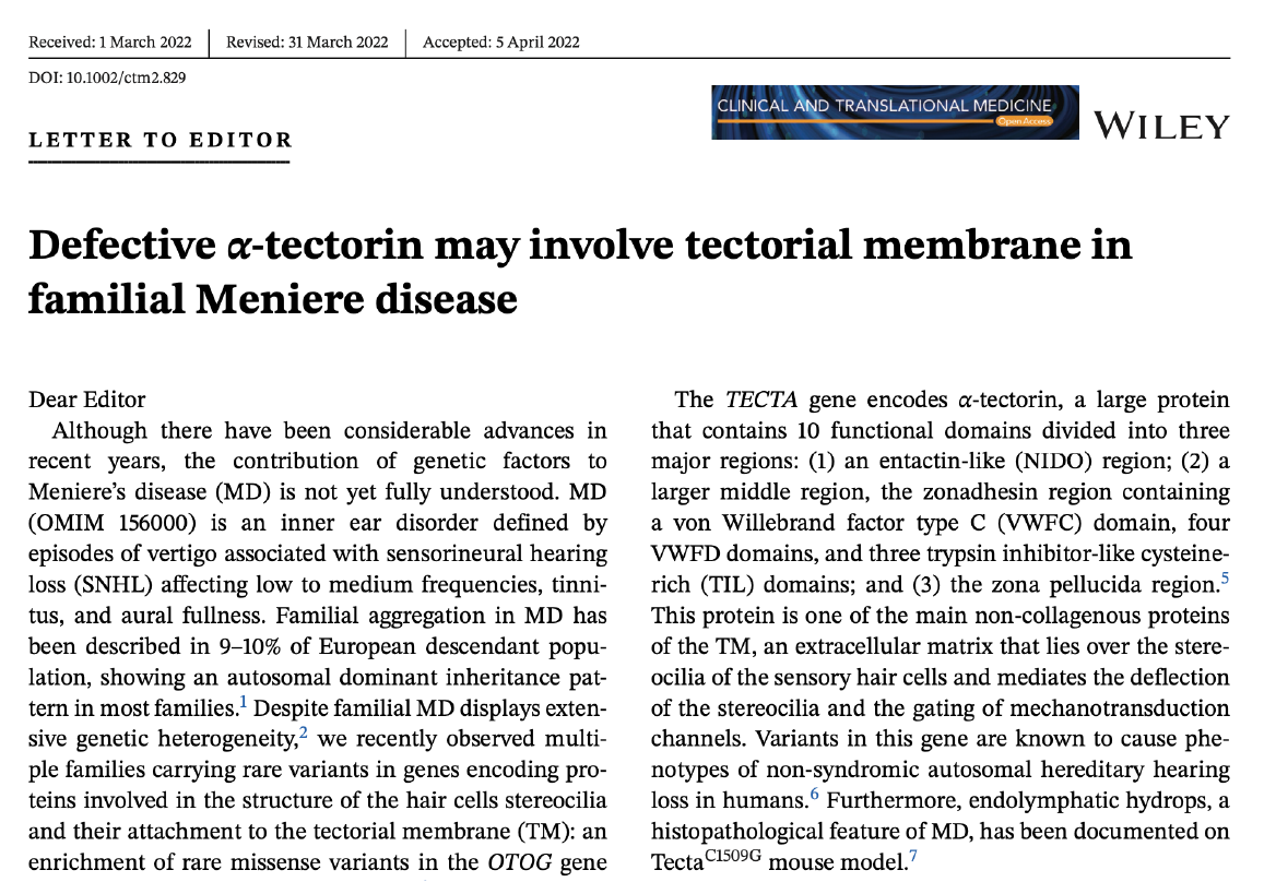 Defective α tectorin may involve tectorial membrane in familial Meniere disease